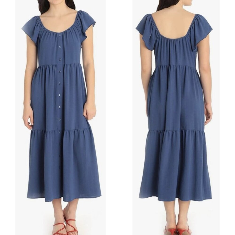 Maggy London Shirtdress 12 Blue Ruffle Sleeve Scoop Neck Tiered Pockets Buttons - Picture 1 of 10